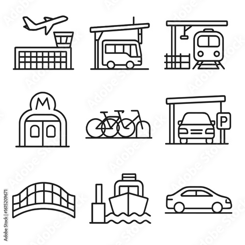 Transportation Hub Icons. Outline style icons of Transportation Hubs: airport terminal, bus station, train platform, metro