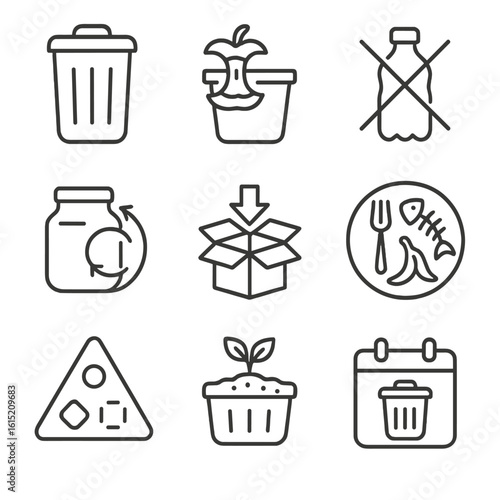 Household Waste Management Icons. Outline style icons of Household Waste Management: trash bin, organic waste bin, plastic bottle
