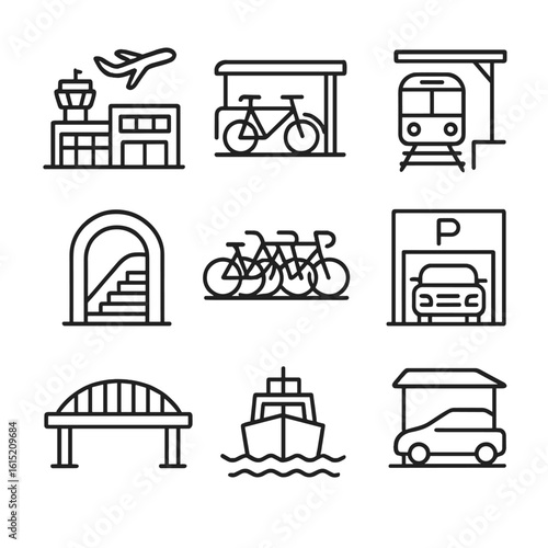 Transportation Hub Icons. Outline style icons of Transportation Hubs: airport terminal, bus station, train platform, metro