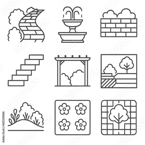 Landscape Outline Icons. Outline style icons of Landscape Architecture: garden pathway, water fountain, retaining wall, stone