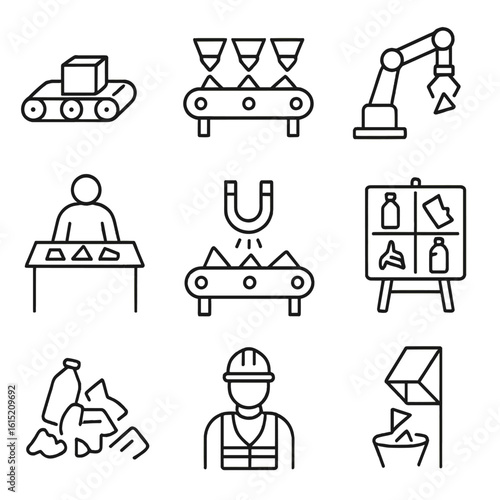 Waste Sorting Icons. Outline style icons of Waste Sorting Facilities: conveyor belt, waste separation line, robotic sorter, manual