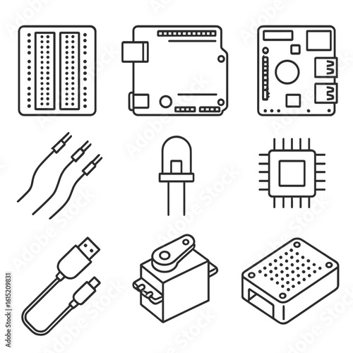 DIY Electronics Icons. Outline style icons of DIY and Maker Electronics: breadboard, Arduino board, Raspberry Pi, jumper wires,