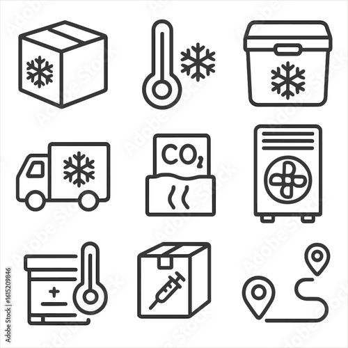 Cold Chain Icons. Outline style icons of Cold Chain Shipping: snowflake box, temperature sensor icon, insulated container, cold