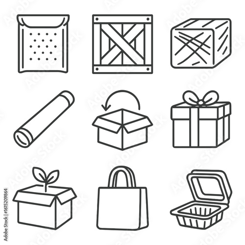 Outline Packaging Icons. Outline style icons of Packaging Types: padded envelope, wooden crate, plastic wrap, sealed mailing tube,