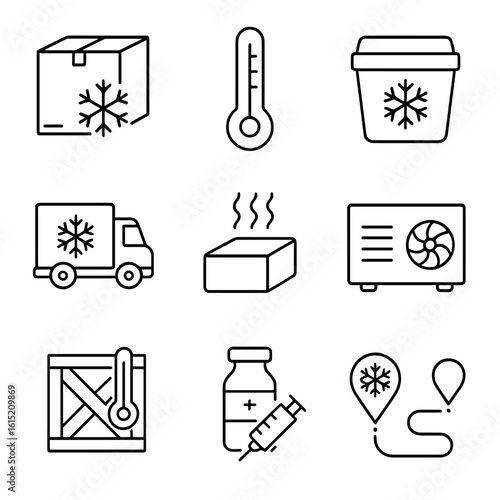 Cold Chain Icons. Outline style icons of Cold Chain Shipping: snowflake box, temperature sensor icon, insulated container, cold