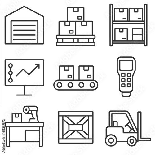 Warehouse Icon Set. Outline style icons of Warehouse and Logistics: warehouse building, pallet with boxes, storage shelf,