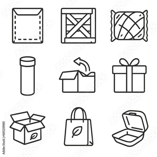 Outline Packaging Icons. Outline style icons of Packaging Types: padded envelope, wooden crate, plastic wrap, sealed mailing tube,
