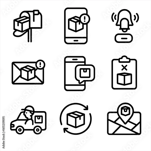 Delivery Alert Icons. Outline style icons of Delivery Alerts: package in mailbox, app push alert, ringing doorbell, delivery email