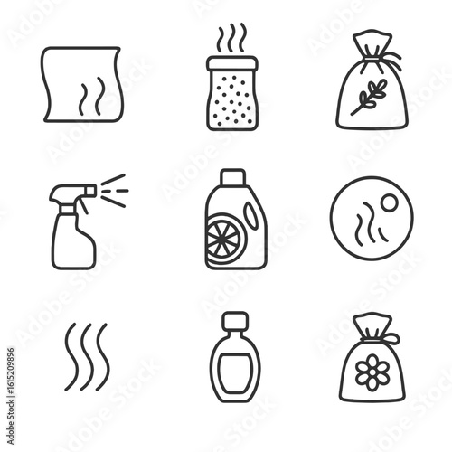 Scented Laundry Icons. Outline style icons of Scented Laundry: dryer sheet icon, scent booster beads, lavender sachet, fresh linen