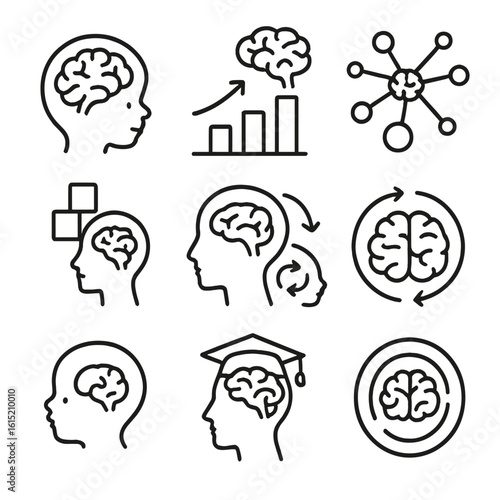 Brain Development Icons. Outline style icons of Brain Development: child brain icon, brain growth chart, learning neuron network,
