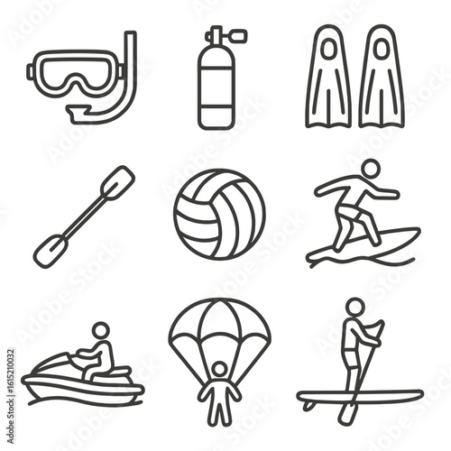 Water Activity Icons. Outline style icons of Water Activities: snorkeling mask, scuba tank, swim fins, kayak paddle, beach