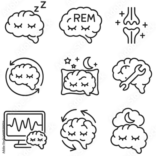 Sleep and Brain Icons. Outline style icons of Sleep and Brain Repair: sleeping brain, brain during REM, synaptic cleanup symbol,