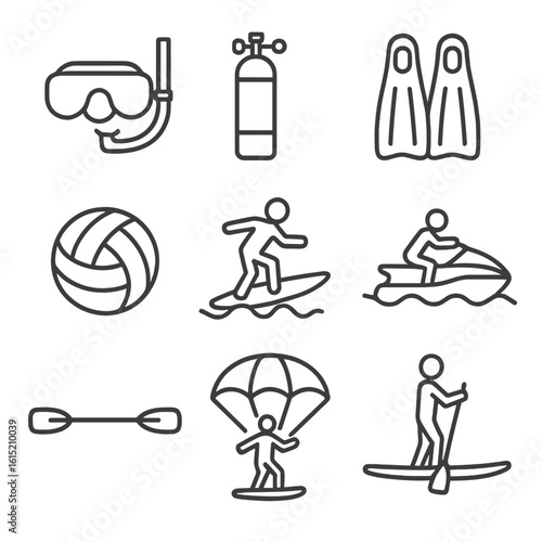 Water Activity Icons. Outline style icons of Water Activities: snorkeling mask, scuba tank, swim fins, kayak paddle, beach