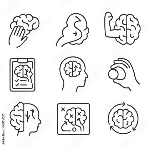 Brain Rehabilitation Icons. Outline style icons of Brain Plasticity in Rehabilitation: stroke rehab hand and brain, mobility
