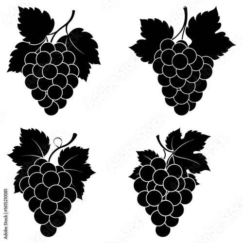 Four bunches of black grapes with leaves arranged in a square pattern on a white background image design