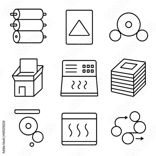 Offset Printing Icons. Outline style icons of Offset Printing: ink rollers, printing plate, blanket cylinder, feeder unit, offset