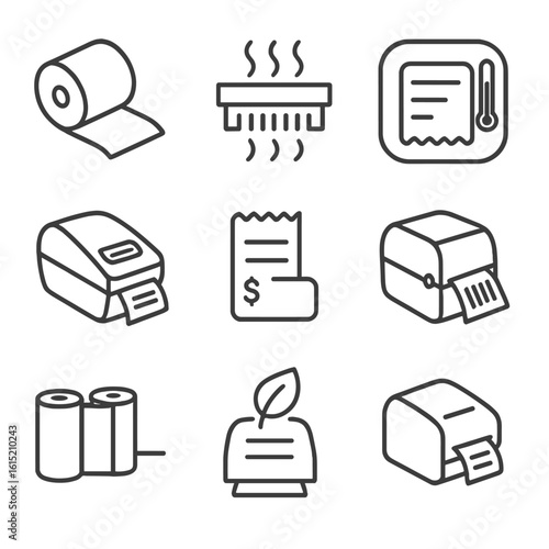Thermal Printing Icons. Outline style icons of Thermal Printing: thermal paper roll, heated print head, direct thermal icon, label
