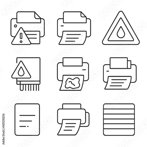 Print Troubleshooting Icons. Outline style icons of Print Troubleshooting: print error triangle, misalignment icon, low ink
