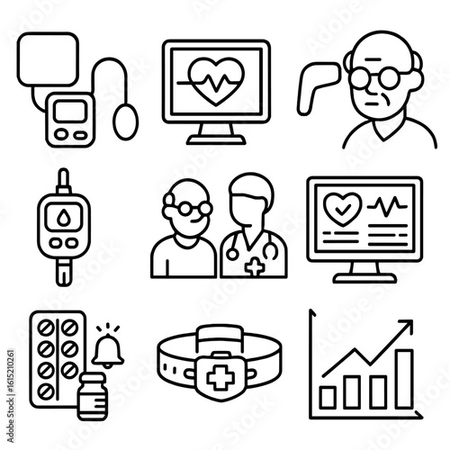 Elder Health Icons. Outline style icons of Elder Health Monitoring: blood pressure device, heart monitor, temperature check,