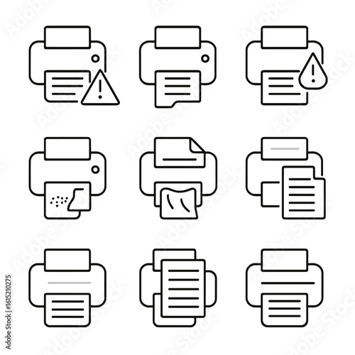 Print Troubleshooting Icons. Outline style icons of Print Troubleshooting: print error triangle, misalignment icon, low ink