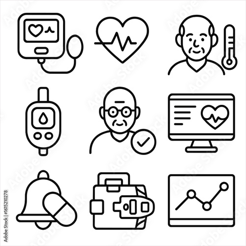 Elder Health Icons. Outline style icons of Elder Health Monitoring: blood pressure device, heart monitor, temperature check,