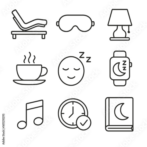 Elder Sleep Icons. Outline style icons of Elder Sleep and Rest: adjustable bed, sleep mask, night lamp, warm tea cup, restful icon