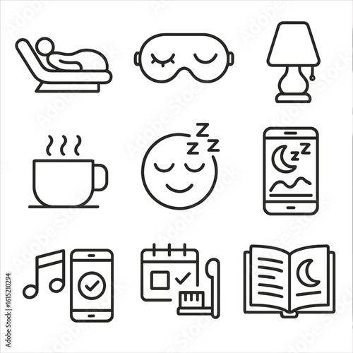 Elder Sleep Icons. Outline style icons of Elder Sleep and Rest: adjustable bed, sleep mask, night lamp, warm tea cup, restful icon