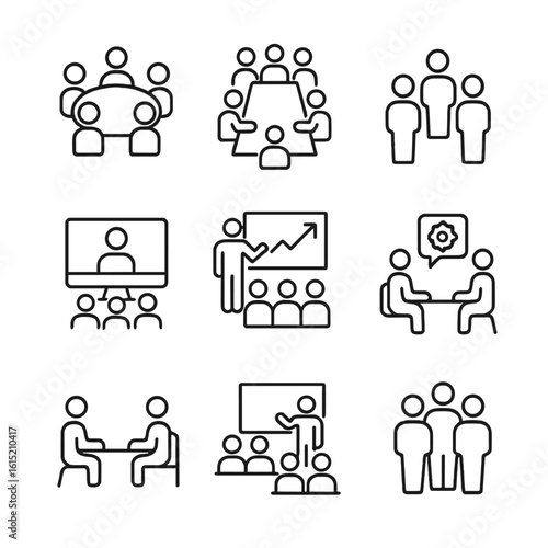 Business Meeting Icons. Outline style icons of Business Meeting Types: in-person roundtable, boardroom icon, stand-up meeting,