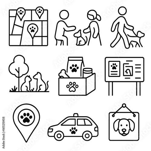 Pet-Friendly Community Icons. Outline style icons of Pet-Friendly Community: neighborhood map with paw icons, pet meet-up, dog