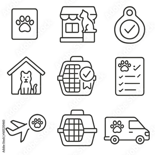 Pet Travel Icons. Outline style icons of Pet Travel Services: pet passport, pet travel agency, vaccinated tag, pet boarding,