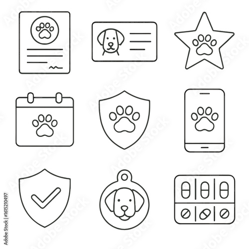 Pet Insurance Icons. Outline style icons of Pet Insurance and Health: insurance form, vet card, emergency icon, routine checkup