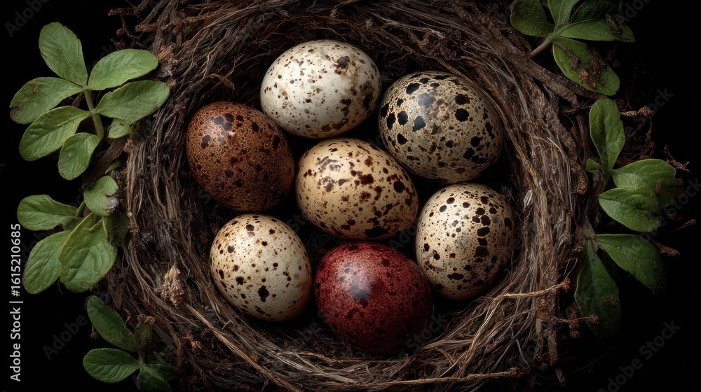 Intricate Bird Nest Housing Collection of Distinct Speckled Eggs surrounded by Leaves Intricate Bird Nest Housing Collection of Distinct Speckled Eggs surrounded by Leaves