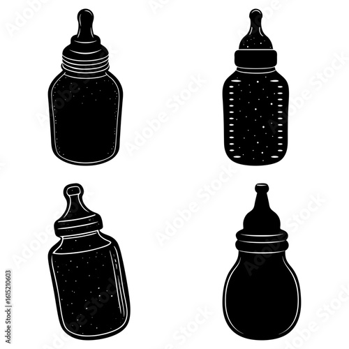 Four black and white baby bottles with different shapes and styles arranged on a white background view