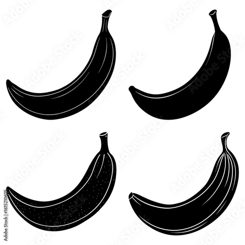 Illustration of four black bananas with different textures and patterns on a white background surface