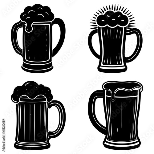 Four black and white vector illustrations of beer mugs filled with frothy beer in various styles