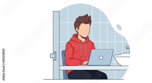 Young man working on laptop in a bathroom, ideal for blog posts about remote work or unusual workspaces.