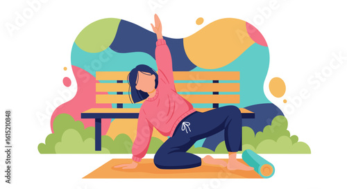 Woman doing yoga in a park, perfect for wellness websites or brochures.
