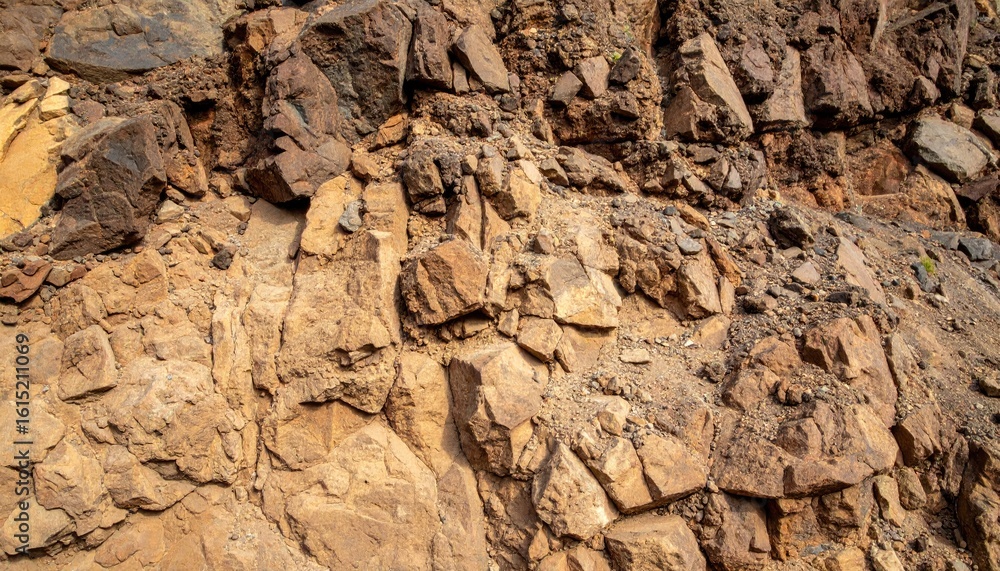 Fototapeta premium Detailed View of Natural Volcanic Rock Surface Displaying Earthy Tones and Rough Texture in Bright Daylight