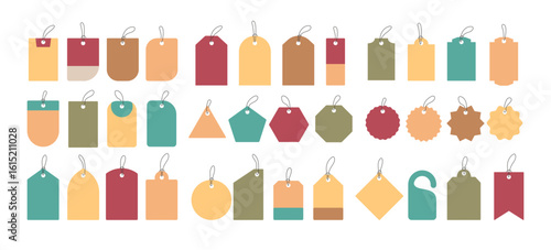 Set of empty price lag set collection, tag label, rice tag collection. Blank cardboard price tags. Set of sale tags and labels, aper discounts on an isolated transparent background.