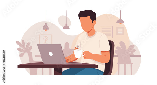 Man working on laptop in cafe, perfect for website banners or blog posts about remote work, coffee culture, or productivity.