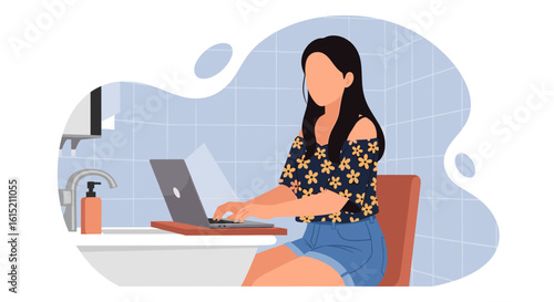 Young woman working on laptop in bathroom, perfect for blog, website or social media.