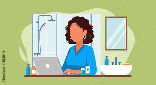Woman working on laptop in bathroom, ideal for articles on work-life balance or remote work.