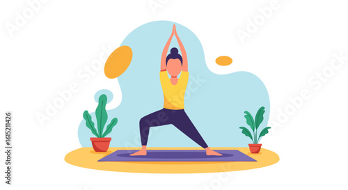 Woman practicing yoga at home, perfect for wellness websites or health brochures.