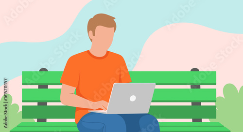 Man working on laptop in park, perfect for website banners or blog posts about remote work or freelancing.