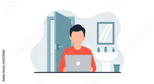 Person working on laptop in bathroom, perfect for illustrating remote work or flexible work arrangements.