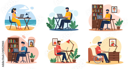 Remote Work Illustrations: Diverse People Working from Various Locations, Ideal for Blog Posts or Websites.