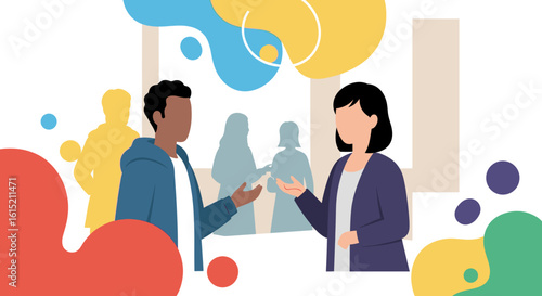 Diverse colleagues collaborating and communicating, ideal for teamwork and communication concepts. Perfect for websites, presentations, and marketing materials.