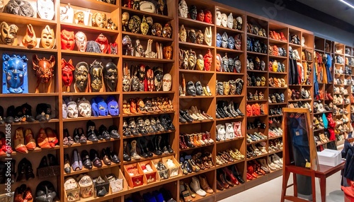 Wallpaper Mural Extensive collection of ornate masks and artisanal footwear arranged on wooden shelves Torontodigital.ca