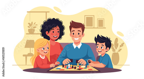 Happy family playing board game together at home. Perfect for family blogs, websites, and advertisements.