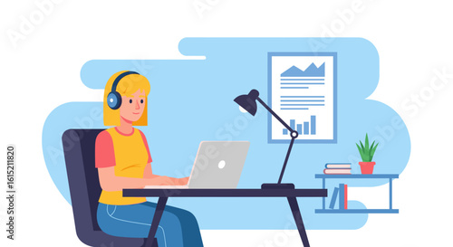Young woman working from home on laptop, wearing headphones.  Perfect for blog posts about remote work, online learning, or work-life balance.